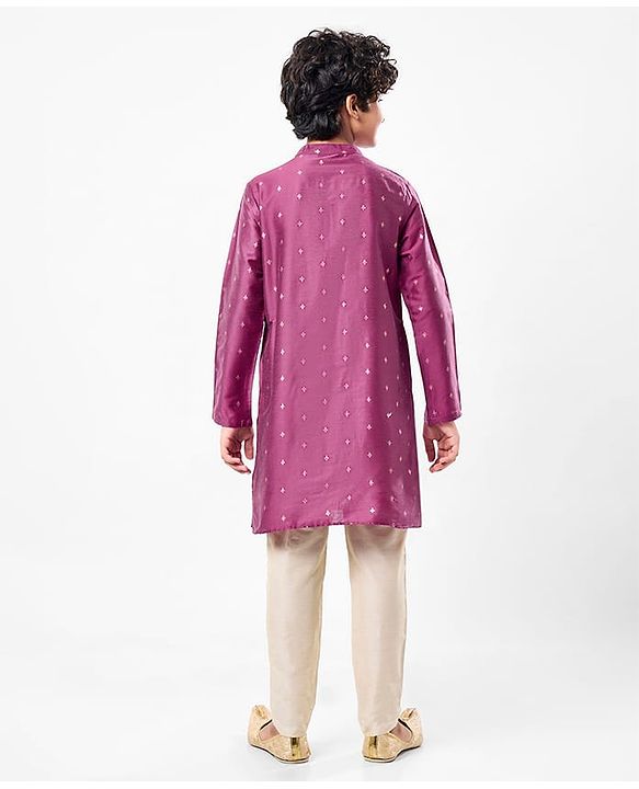 Pine Kids Woven Full Sleeves Kurta Pyjama Set with Floral Foil Print - Purple