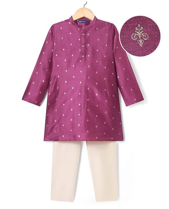 Pine Kids Woven Full Sleeves Kurta Pyjama Set with Floral Foil Print - Purple