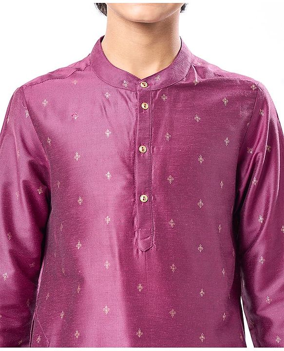 Pine Kids Woven Full Sleeves Kurta Pyjama Set with Floral Foil Print - Purple