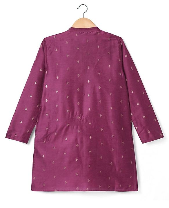 Pine Kids Woven Full Sleeves Kurta Pyjama Set with Floral Foil Print - Purple