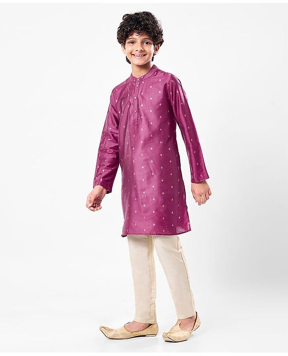 Pine Kids Woven Full Sleeves Kurta Pyjama Set with Floral Foil Print - Purple