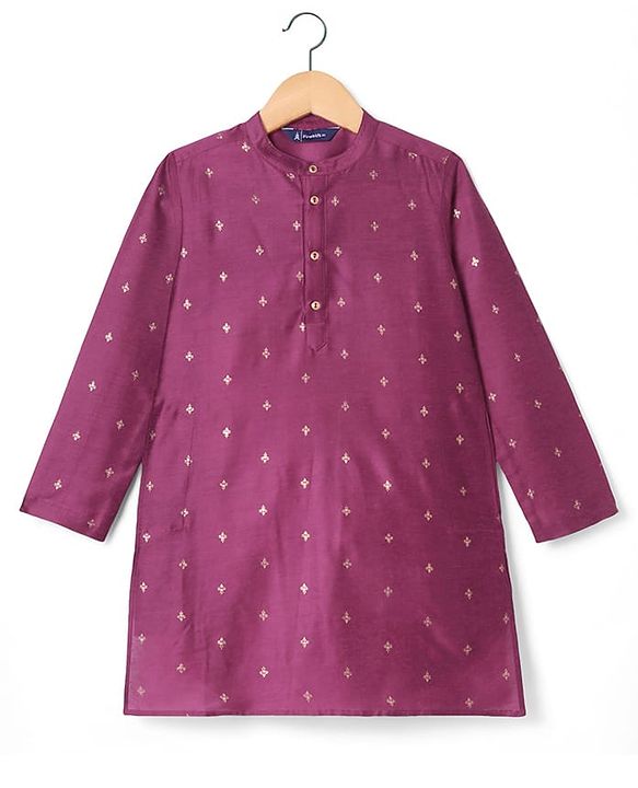 Pine Kids Woven Full Sleeves Kurta Pyjama Set with Floral Foil Print - Purple