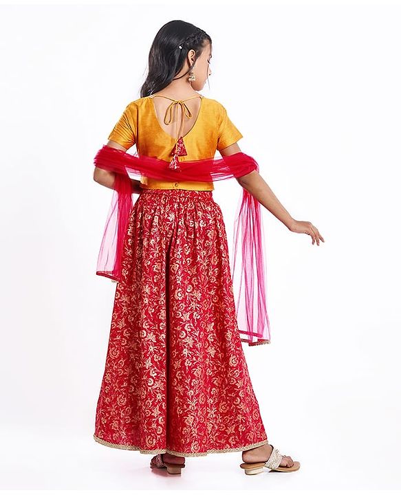 Pine Kids Woven Half Sleeves Choli & Foil Printed Lenhenga with Dupatta & Sequin Embroidery - Red