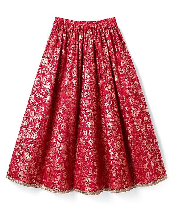 Pine Kids Woven Half Sleeves Choli & Foil Printed Lenhenga with Dupatta & Sequin Embroidery - Red