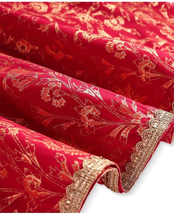 Pine Kids Woven Half Sleeves Choli & Foil Printed Lenhenga with Dupatta & Sequin Embroidery - Red