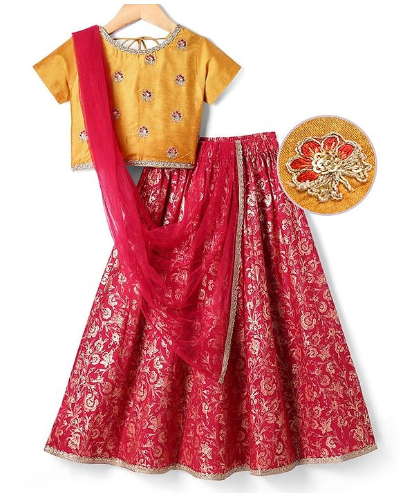Pine Kids Woven Half Sleeves Choli & Foil Printed Lenhenga with Dupatta & Sequin Embroidery - Red