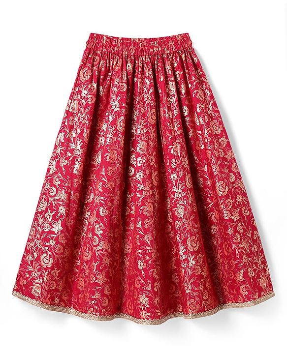 Pine Kids Woven Half Sleeves Choli & Foil Printed Lenhenga with Dupatta & Sequin Embroidery - Red