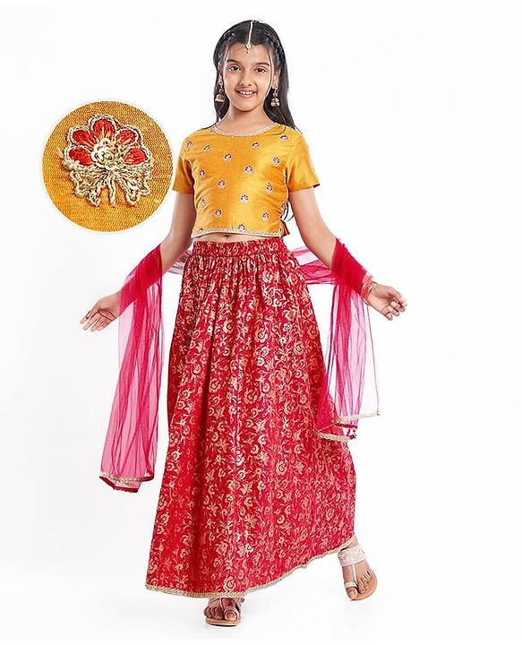 Pine Kids Woven Half Sleeves Choli & Foil Printed Lenhenga with Dupatta & Sequin Embroidery - Red
