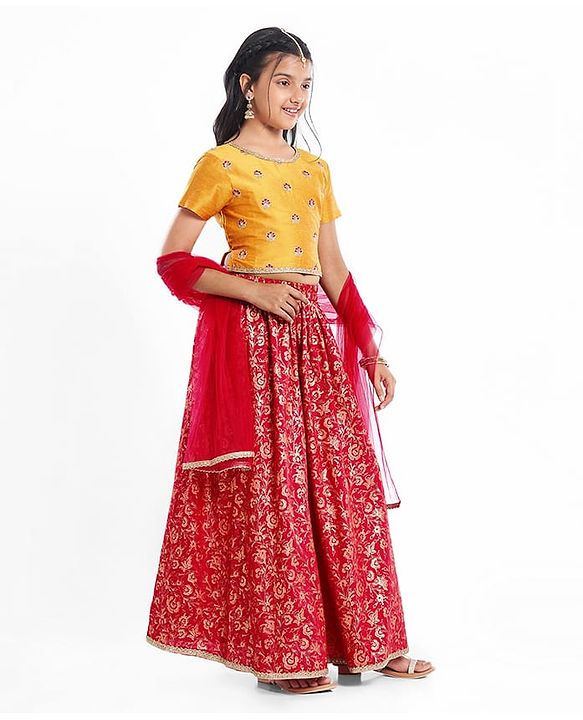 Pine Kids Woven Half Sleeves Choli & Foil Printed Lenhenga with Dupatta & Sequin Embroidery - Red