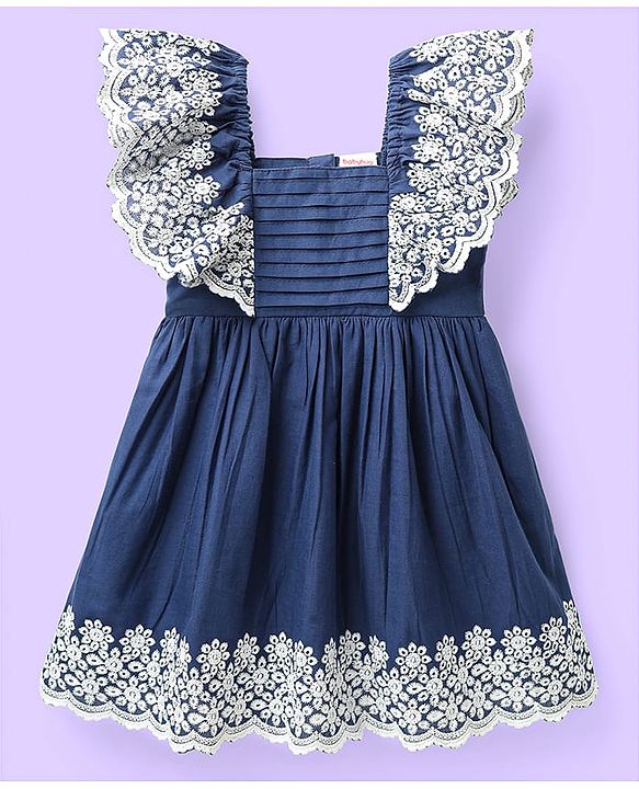 Babyhug Cotton Woven Frill Sleeves Frock With Floral Embroidery - Blue