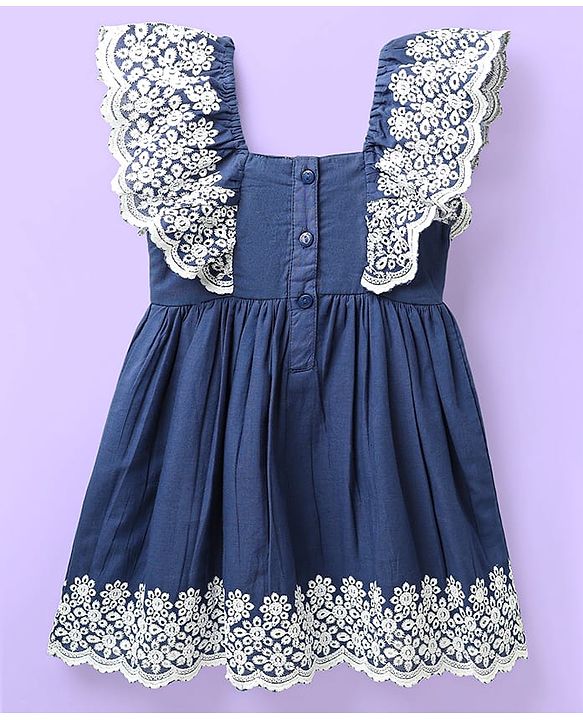 Babyhug Cotton Woven Frill Sleeves Frock With Floral Embroidery - Blue