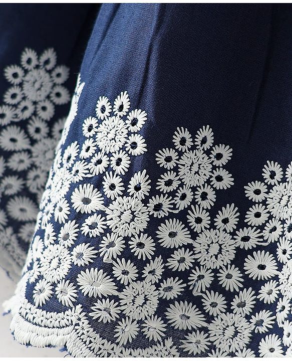 Babyhug Cotton Woven Frill Sleeves Frock With Floral Embroidery - Blue