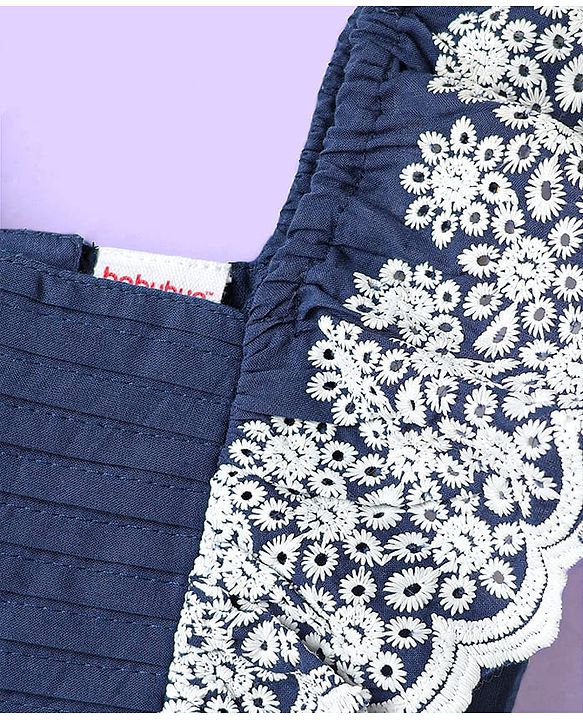 Babyhug Cotton Woven Frill Sleeves Frock With Floral Embroidery - Blue