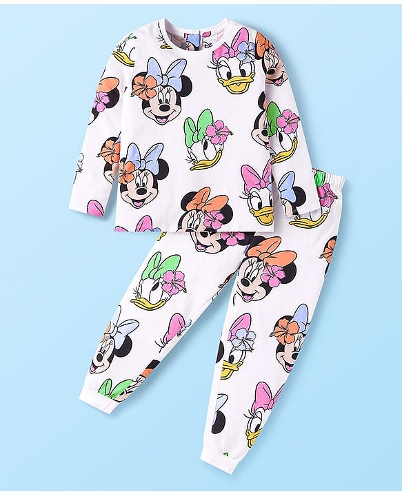 Babyhug Disney Single Jersey Full Sleeves Night Suit With Minnie & Friends All Over Print - White