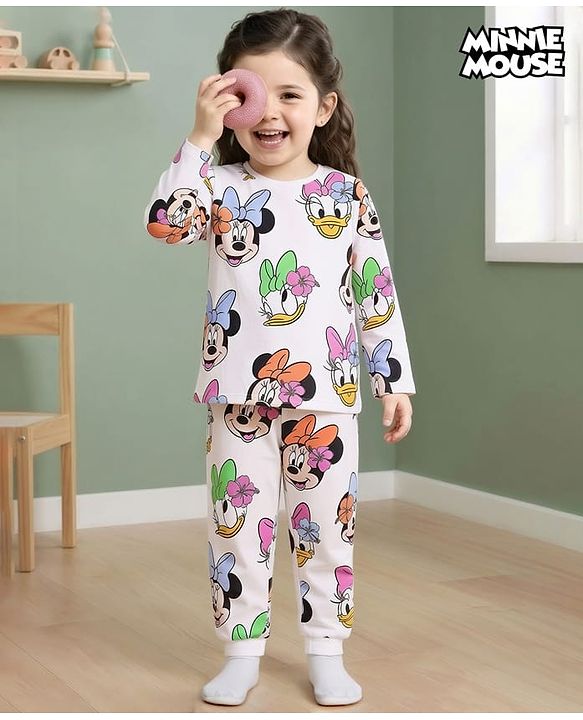 Babyhug Disney Single Jersey Full Sleeves Night Suit With Minnie & Friends All Over Print - White