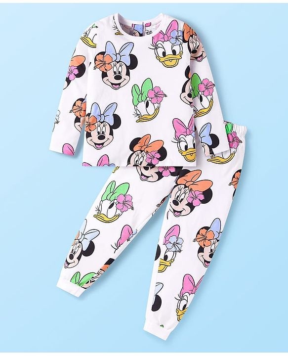 Babyhug Disney Single Jersey Full Sleeves Night Suit With Minnie & Friends All Over Print - White