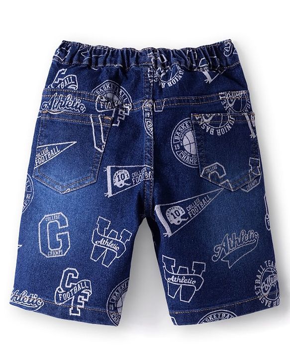 Babyhug Knee Length Denim Jamaican With Stretch & Text Print - Blue