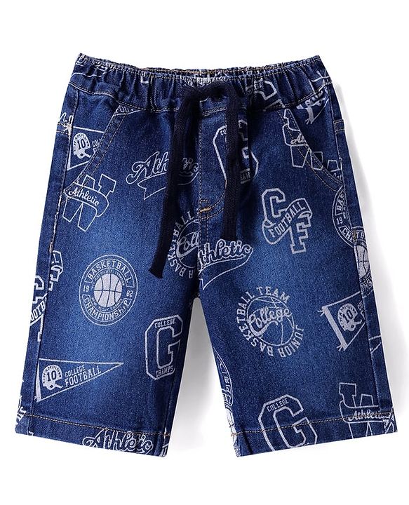 Babyhug Knee Length Denim Jamaican With Stretch & Text Print - Blue