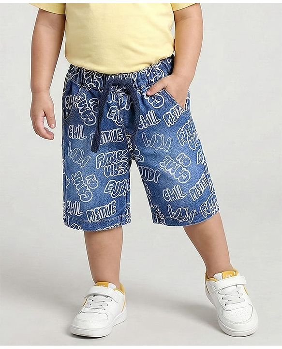 Babyhug Knee Length Denim Jamaican With Stretch & Text Print - Blue