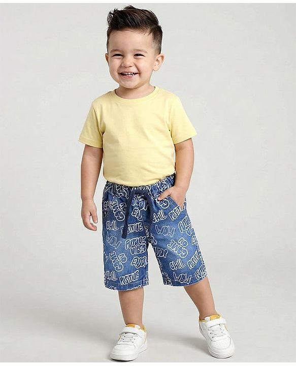 Babyhug Knee Length Denim Jamaican With Stretch & Text Print - Blue