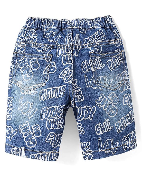 Babyhug Knee Length Denim Jamaican With Stretch & Text Print - Blue
