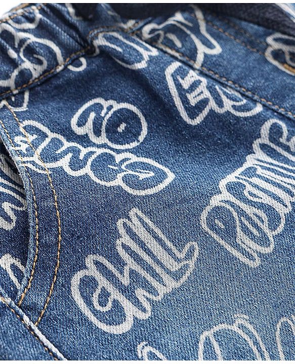 Babyhug Knee Length Denim Jamaican With Stretch & Text Print - Blue
