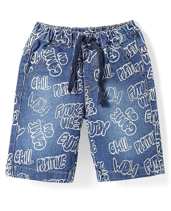 Babyhug Knee Length Denim Jamaican With Stretch & Text Print - Blue