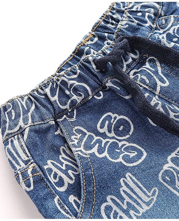 Babyhug Knee Length Denim Jamaican With Stretch & Text Print - Blue