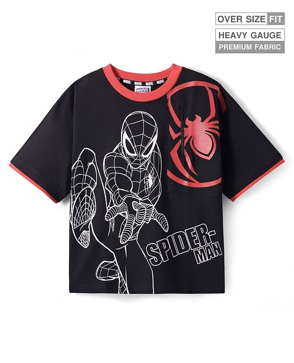 Pine Kids Marvel Terry Knit Half Drop Shoulder Sleeves Oversized T-Shirt with Spider Man Graphics & Pocket Detailing - Black