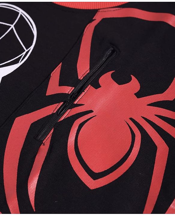 Pine Kids Marvel Terry Knit Half Drop Shoulder Sleeves Oversized T-Shirt with Spider Man Graphics & Pocket Detailing - Black