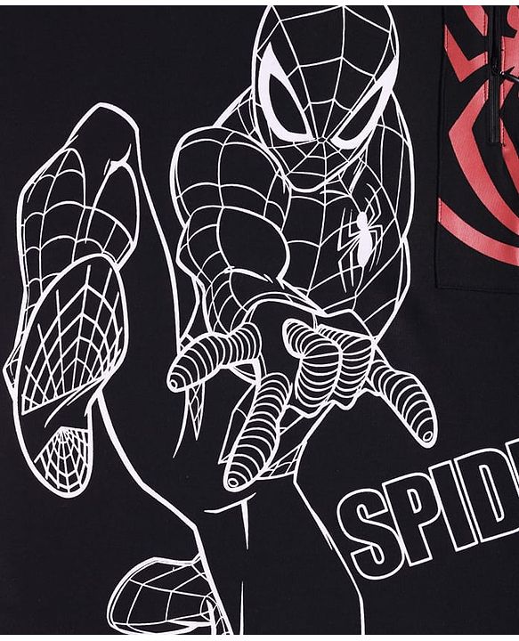 Pine Kids Marvel Terry Knit Half Drop Shoulder Sleeves Oversized T-Shirt with Spider Man Graphics & Pocket Detailing - Black