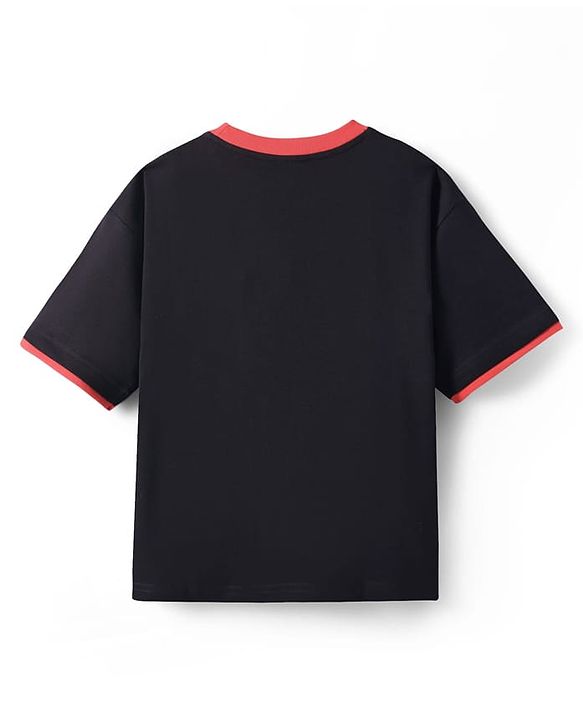 Pine Kids Marvel Terry Knit Half Drop Shoulder Sleeves Oversized T-Shirt with Spider Man Graphics & Pocket Detailing - Black