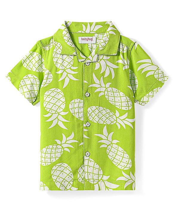 Babyhug Viscose Woven Half Sleeves Resort Collar Shirt with Pineapple Print - Green