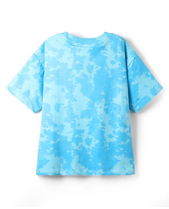 Pine Kids Marvel Terry Knit Half Sleeves Oversized Drop Shoulder Tie And Dye T-Shirt With Spider-Man Graphics And Badge Detailing - Light Blue