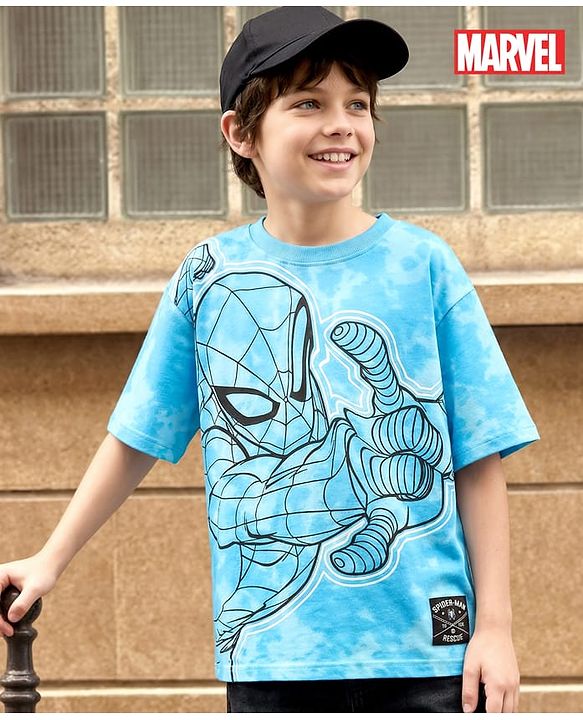 Pine Kids Marvel Terry Knit Half Sleeves Oversized Drop Shoulder Tie And Dye T-Shirt With Spider-Man Graphics And Badge Detailing - Light Blue