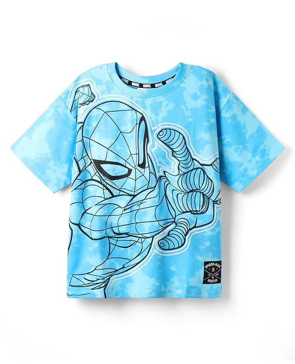 Pine Kids Marvel Terry Knit Half Sleeves Oversized Drop Shoulder Tie And Dye T-Shirt With Spider-Man Graphics And Badge Detailing - Light Blue