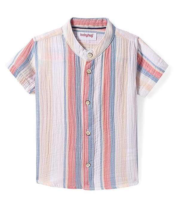 Babyhug Cotton Woven Half Sleeves Mandarin Collar Striped Shirt - Multicolor