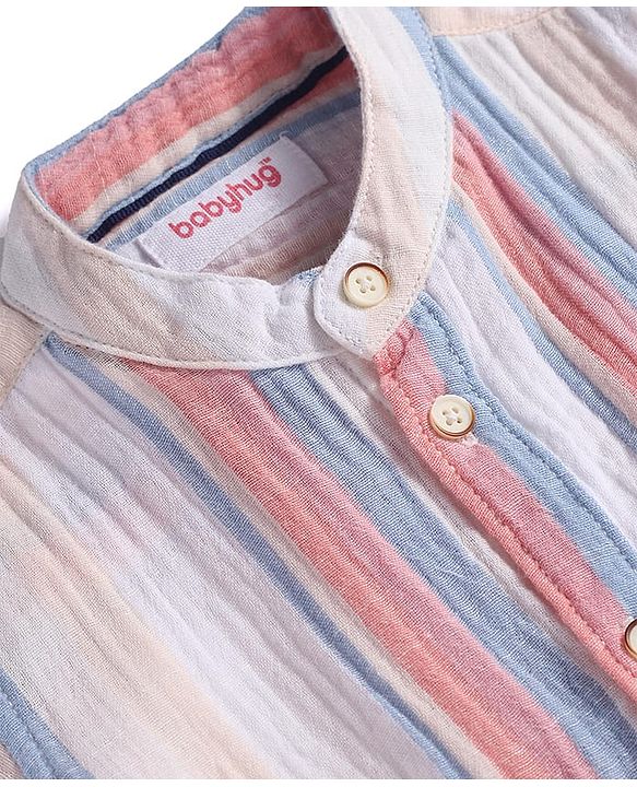Babyhug Cotton Woven Half Sleeves Mandarin Collar Striped Shirt - Multicolor