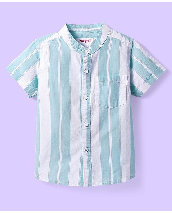 Babyhug Cotton Woven Half Sleeves Mandarin Collar Stripe Shirt - Mint