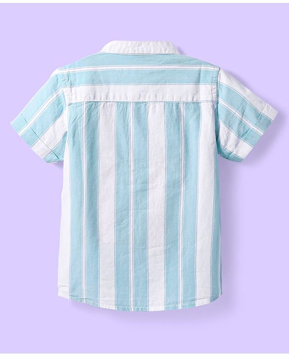 Babyhug Cotton Woven Half Sleeves Mandarin Collar Stripe Shirt - Mint