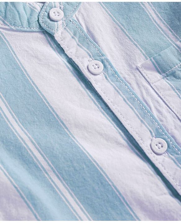 Babyhug Cotton Woven Half Sleeves Mandarin Collar Stripe Shirt - Mint