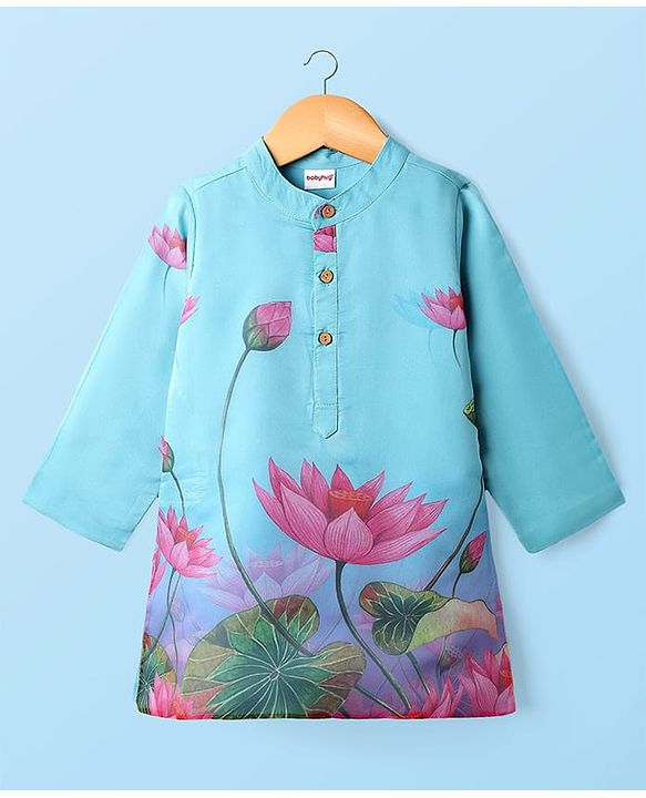Babyhug Woven Full Sleeves Kurta & Pyjama with Lotus Print - Light Blue
