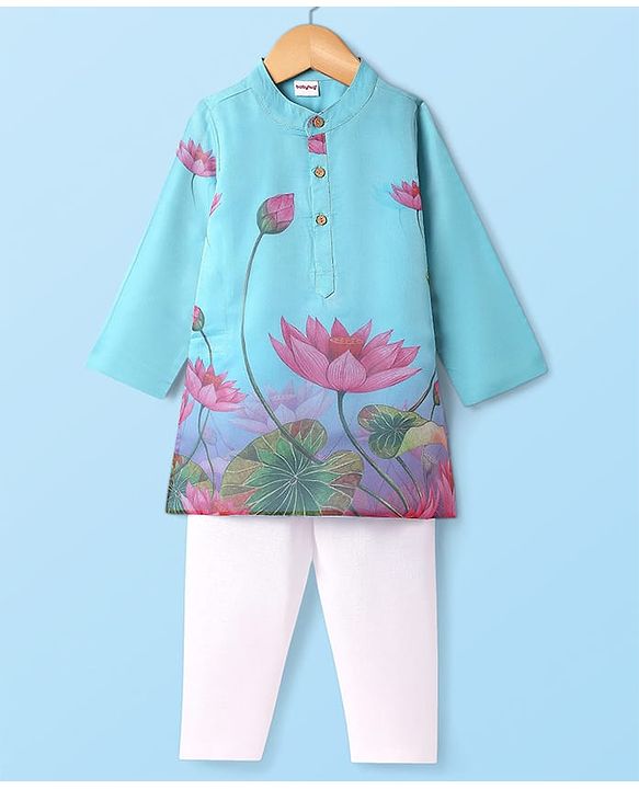 Babyhug Woven Full Sleeves Kurta & Pyjama with Lotus Print - Light Blue