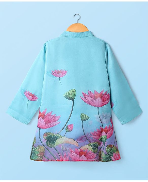 Babyhug Woven Full Sleeves Kurta & Pyjama with Lotus Print - Light Blue