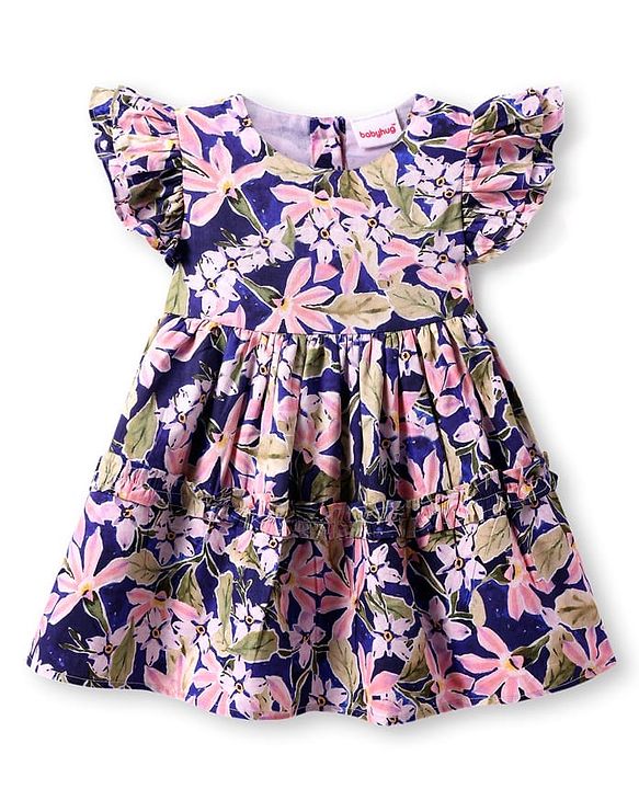 Babyhug Cotton Knit Frill Sleeves Frock With Floral Print - Navy Blue