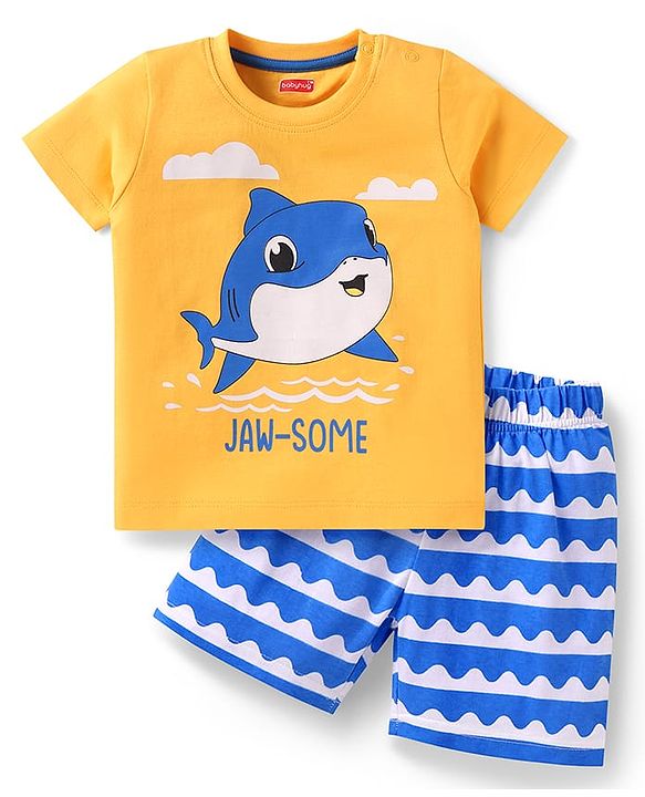 Babyhug Cotton Knit Half Sleeves Shorts Night Suit with Dolphin Print - Orange