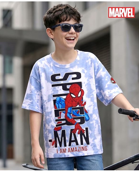 Pine Kids Marvel Terry Knit Half Sleeves Oversized Drop Shoulder Tie And Dye T-Shirt With Spider-Man Graphics And Badge Detailing - Light Blue