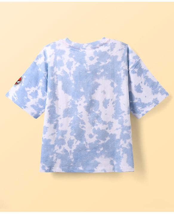 Pine Kids Marvel Terry Knit Half Sleeves Oversized Drop Shoulder Tie And Dye T-Shirt With Spider-Man Graphics And Badge Detailing - Light Blue