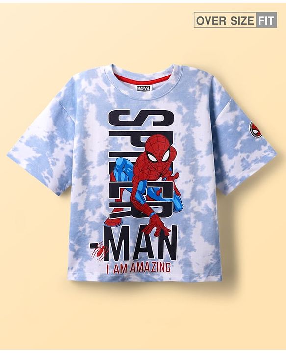 Pine Kids Marvel Terry Knit Half Sleeves Oversized Drop Shoulder Tie And Dye T-Shirt With Spider-Man Graphics And Badge Detailing - Light Blue