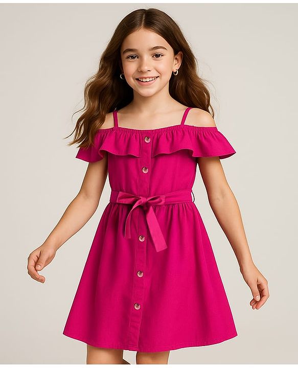 Pine Kids Poplin Woven Cold Shoulder Sleeves Solid Color Front Open Dress with Frill Detailing - Dark Pink